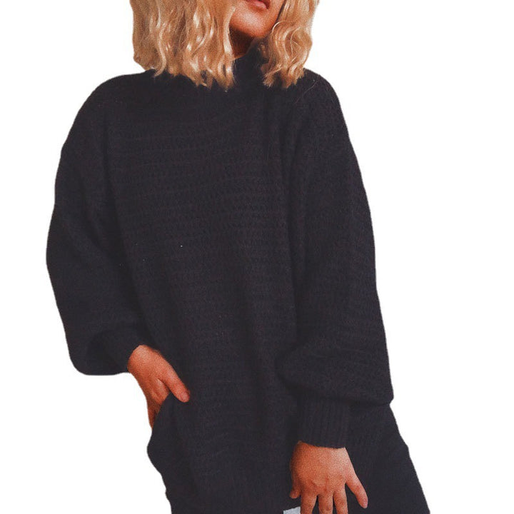 Damen lässiger Strickpullover mit hohem Kragen und voluminösen Ärmeln Drune