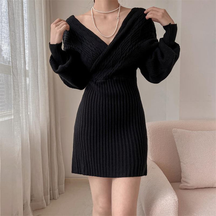 Damen Elegantes Strickkleid mit V-Ausschnitt und strukturiertem Oberteil Drune