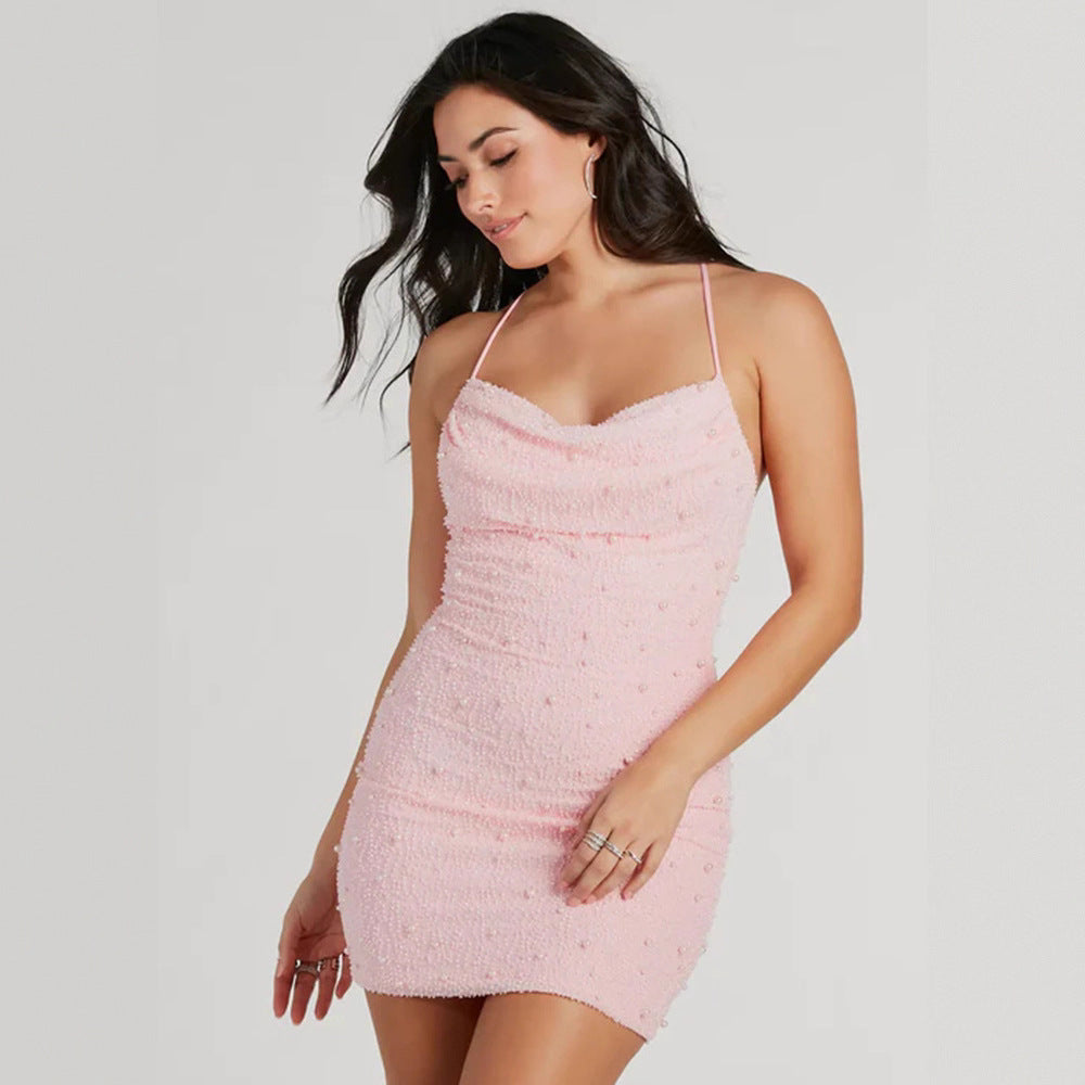 Damen Figurbetontes Minikleid mit schimmernden Perlen und Spaghettiträgern Drune