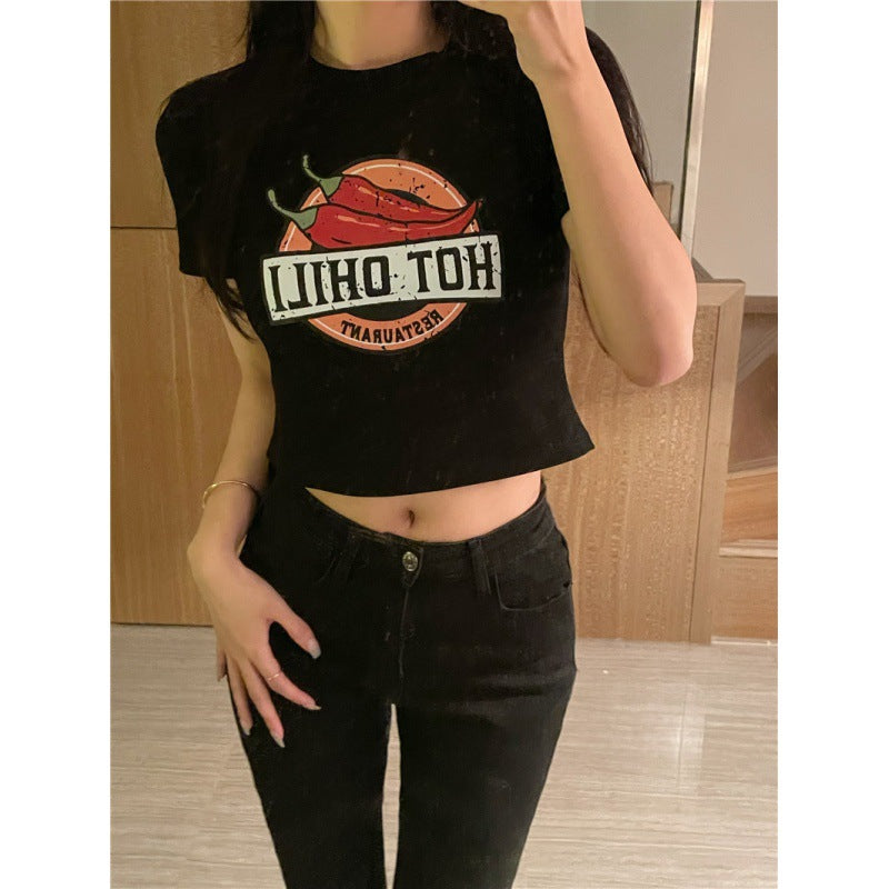Damen lässiges Crop-Top mit kreativem Druck Drune