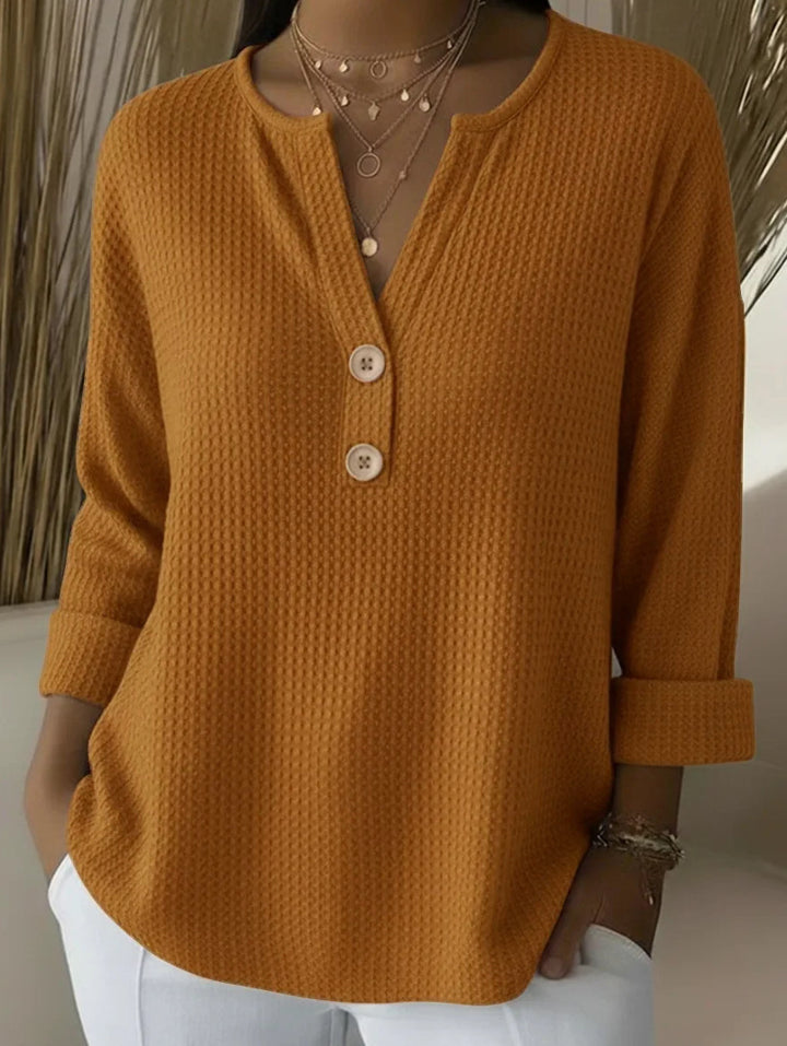 Damen nan Waffelstruktur Henley-Shirt mit V-Ausschnitt kurze Knopfleiste und krempelbaren 3/4-Ärmeln Drune