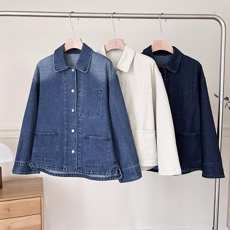 Damen lässige Jeansjacke mit modernen Taschen Drune