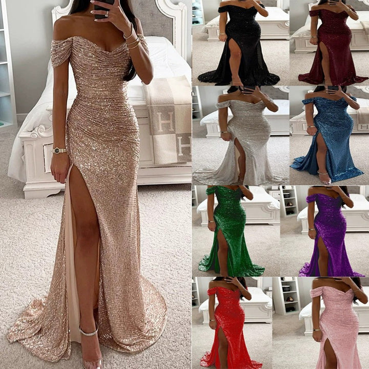 Damen Glitzerndes Off-Shoulder Abendkleid mit seitlichem Schlitz Drune