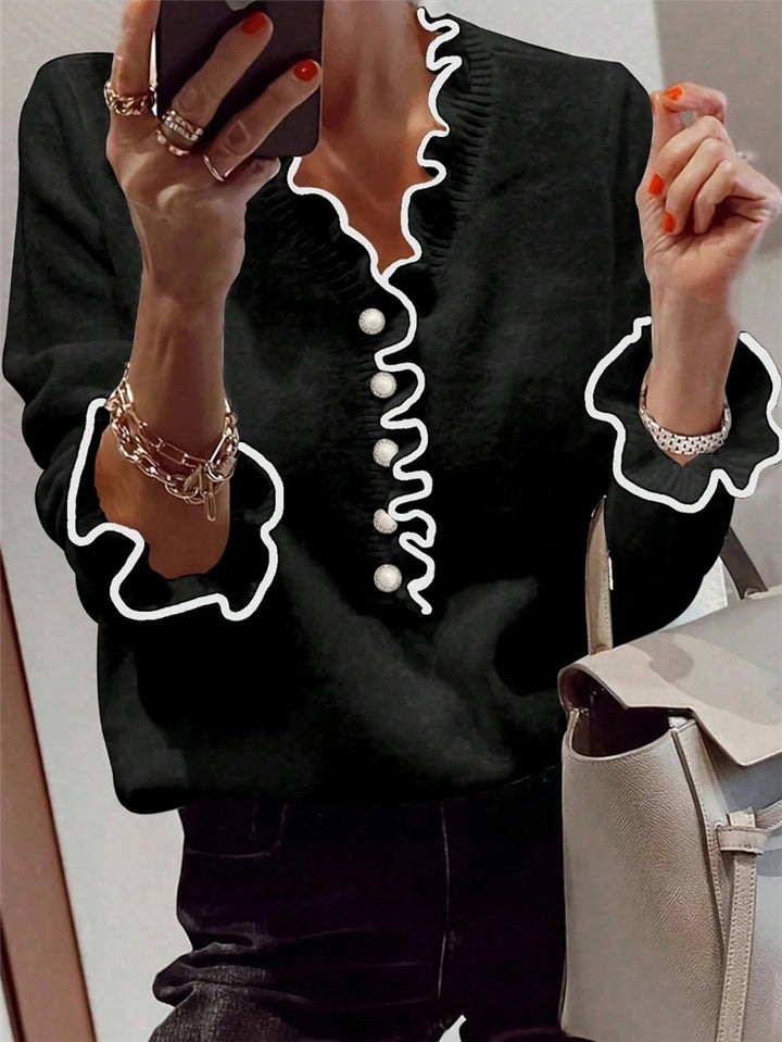 Damen Elegantes Sweatshirt mit Rüschendetails und Perlenknöpfen Drune