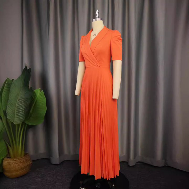 Damen elegantes Wickelkleid mit plissiertem Rock und Puffärmeln Drune