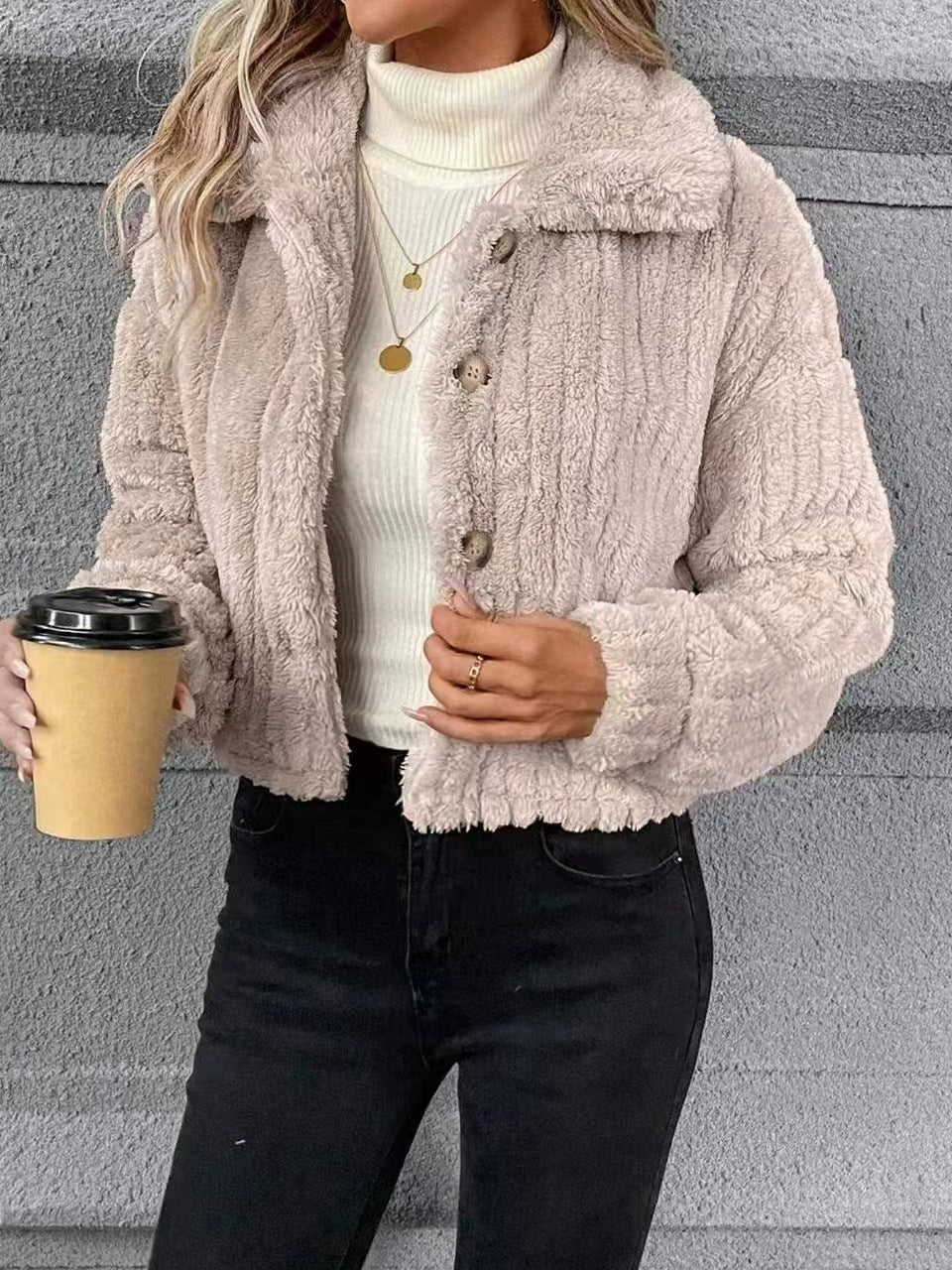 Damen Kuschelige Plüschjacke mit Knopfverschluss und Kragen Drune