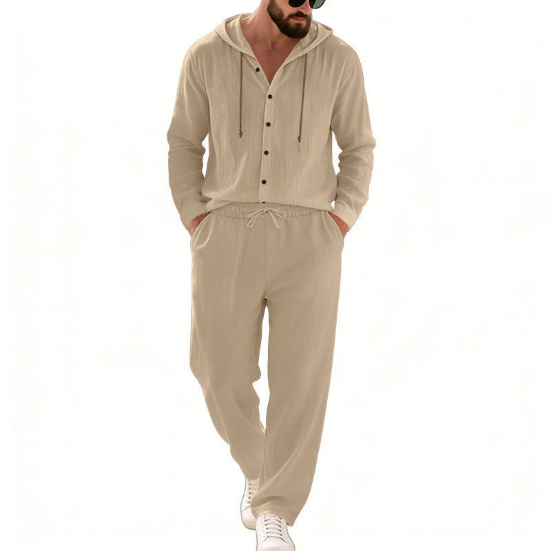 Herren nan legeres Kapuzen-Lounge-Set mit Knopfleiste, Kordelbundhose und seitlichen Eingrifftaschen Drune