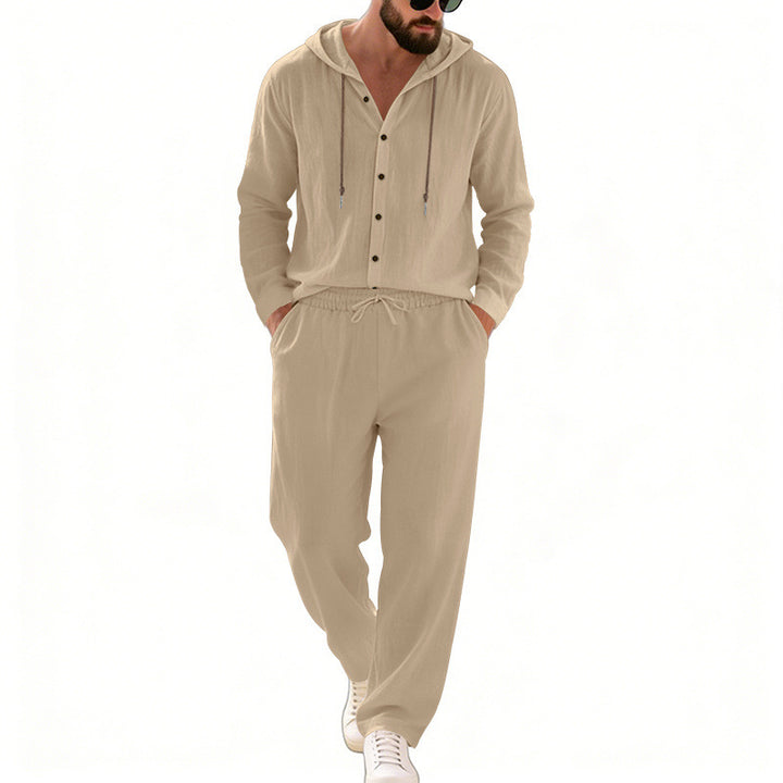 Herren nan legeres Kapuzen-Lounge-Set mit Knopfleiste, Kordelbundhose und seitlichen Eingrifftaschen Drune