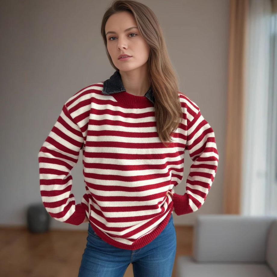 Damen lässiger Pullover mit strukturellem Streifenmuster und modischem Kragen Drune