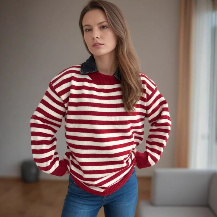 Damen lässiger Pullover mit strukturellem Streifenmuster und modischem Kragen Drune