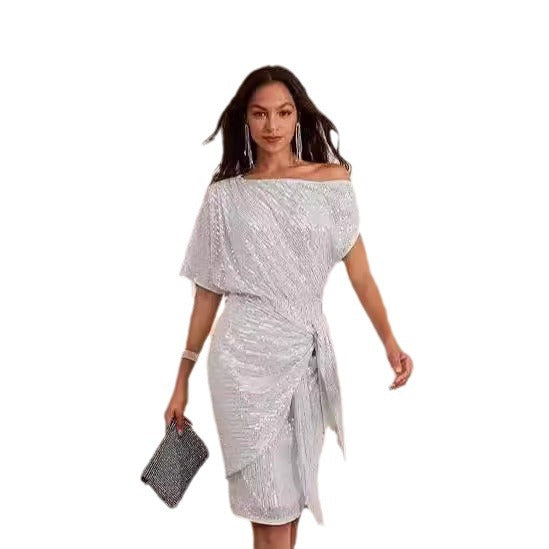 Damen Glitzerndes Wickelkleid mit asymmetrischem Schnitt und schimmernden Pailletten Drune