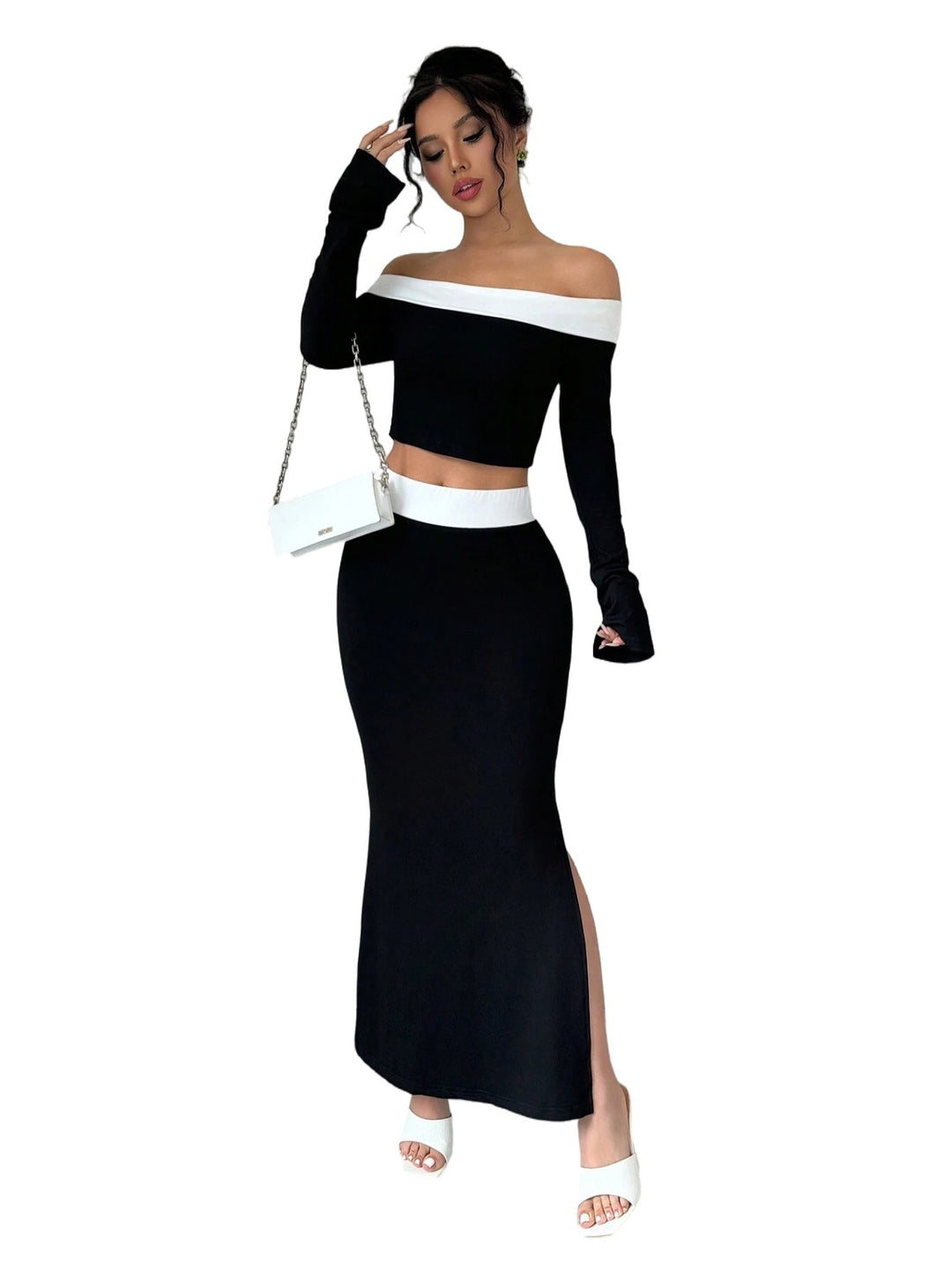Damen Crop-Top und Maxirock Set mit Off-Shoulder Design Drune