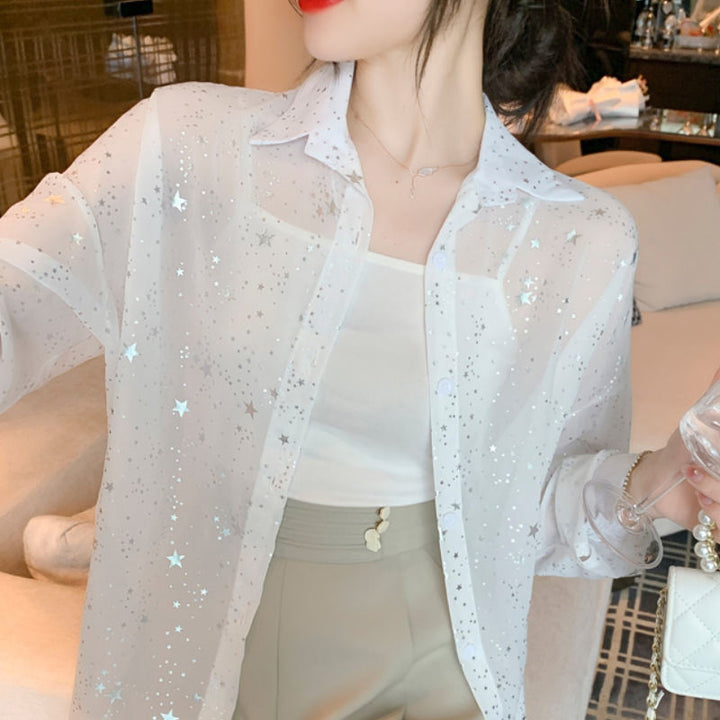 Damen transparente Bluse mit funkelnden Sternen Drune