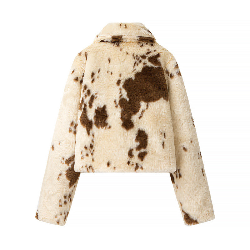 Damen Modische Kunstfelljacke mit tierischem Muster und elegantem Kragen Drune