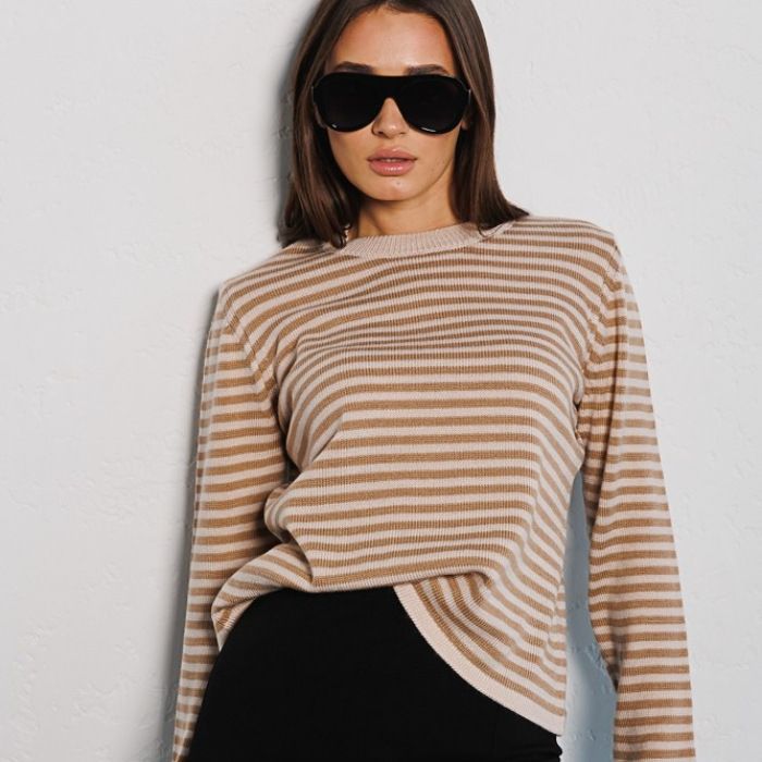 Damen Tragbarer Langarmpullover aus weichem Baumwollmix mit Streifenmuster Drune