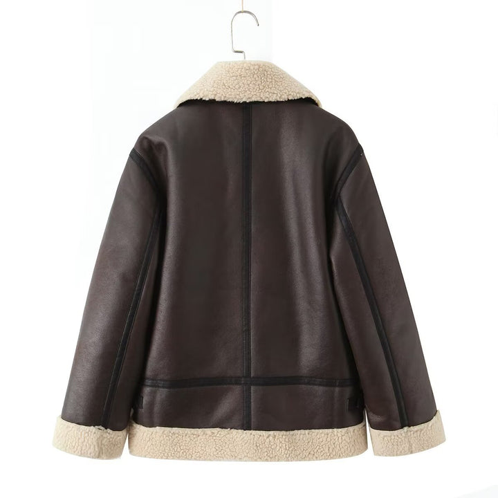 Damen Kunstlederjacke mit warmem Sherpa-Futter und praktischen Reißverschlusstaschen Drune