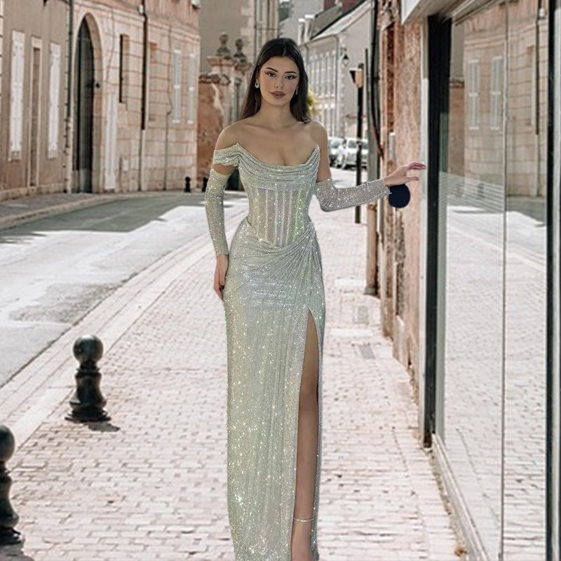 Damen Elegantes Abendkleid mit schimmerndem Schmuckdetail und drapiertem Rock Drune