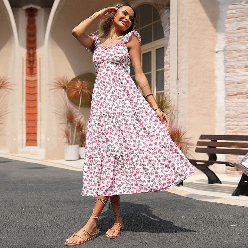 Damen Maxikleid mit floralen Mustern und Rüschendetails Drune
