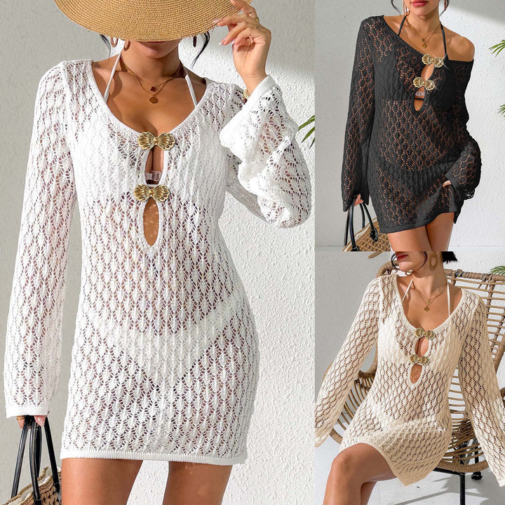 Damen Häkel-Strandkleid mit tiefem V-Ausschnitt und eleganten Knöpfen Drune
