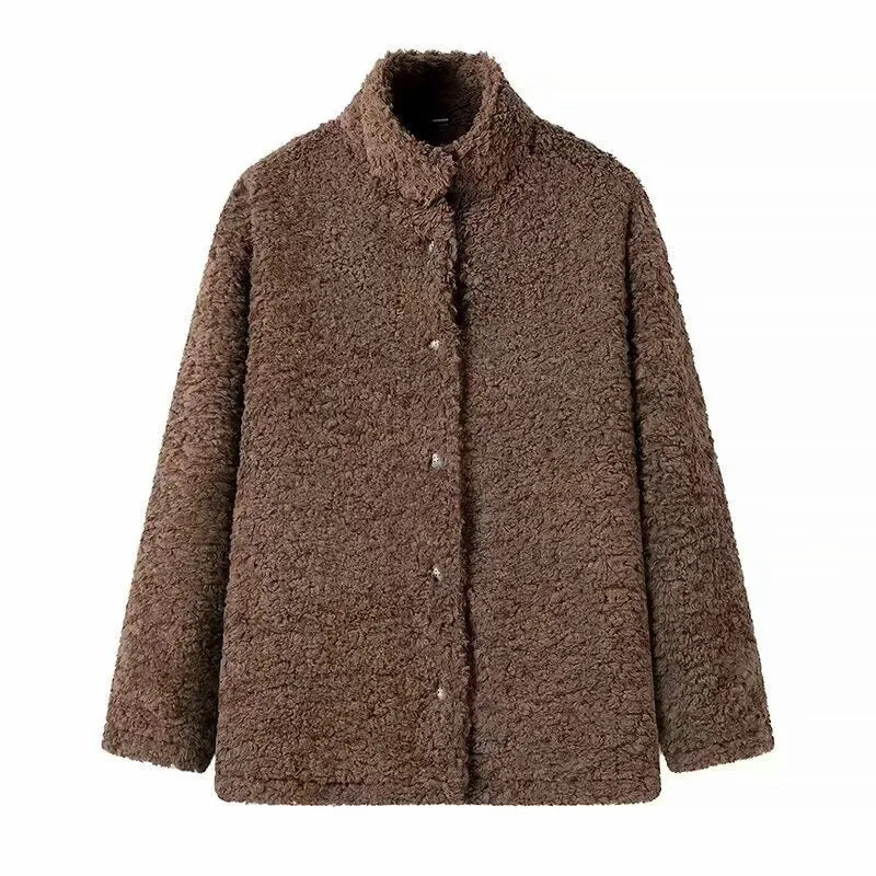 Damen kuschelige Fleecejacke mit hohen Kragen und Druckknopfverschluss Drune