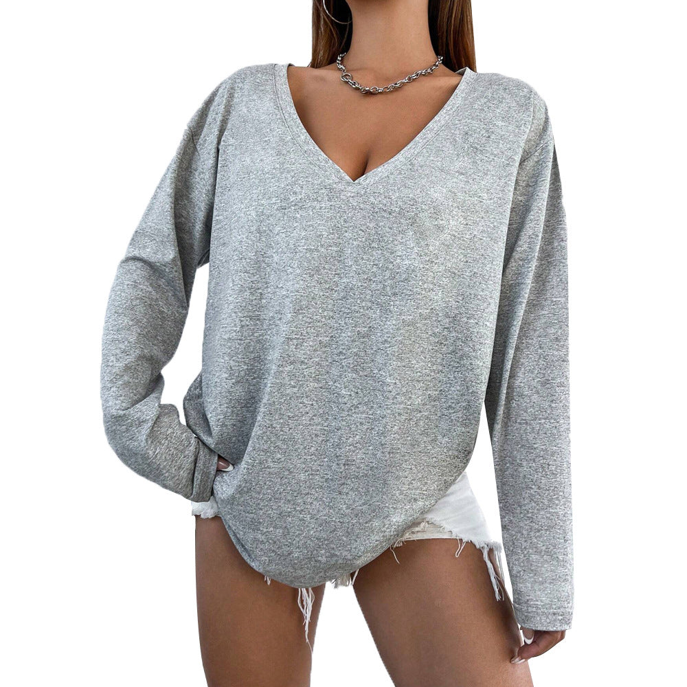 Damen lässiges Langarmshirt mit V-Ausschnitt und figurbetonter Passform Drune