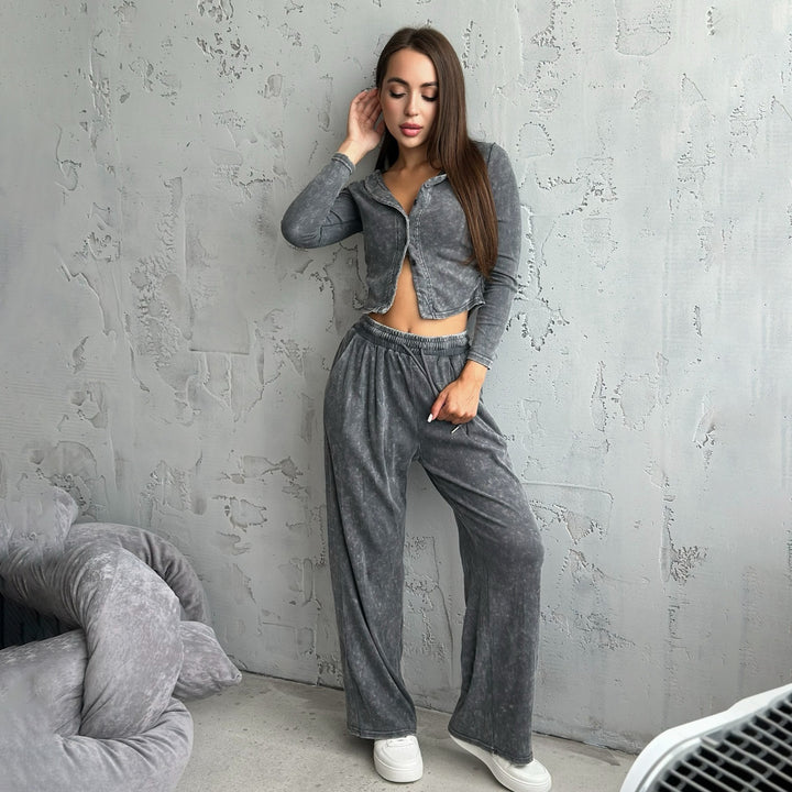 Damen Sportliches Freizeit-Set mit cropped Jacke und weiter Hose Drune