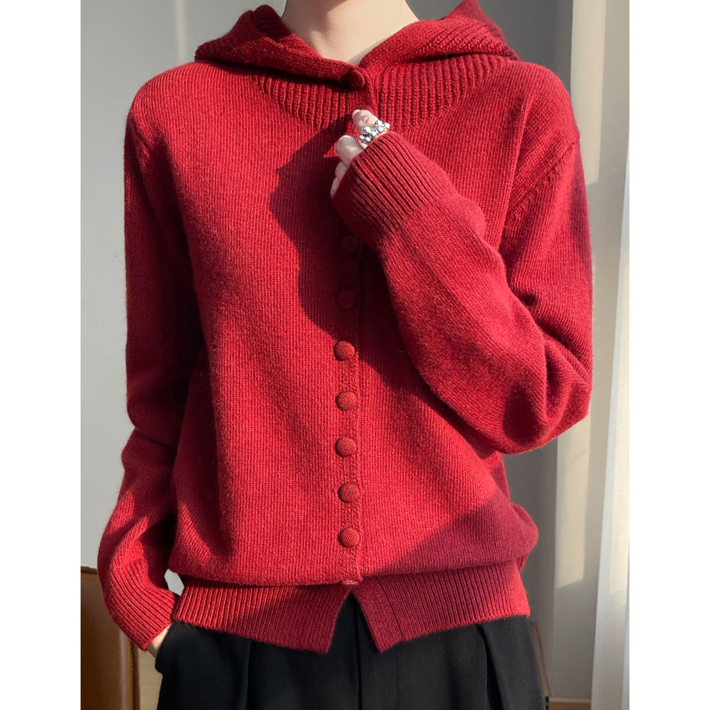 Damen Strickjacke mit Kapuze und dekorativen Knopfdetails Drune