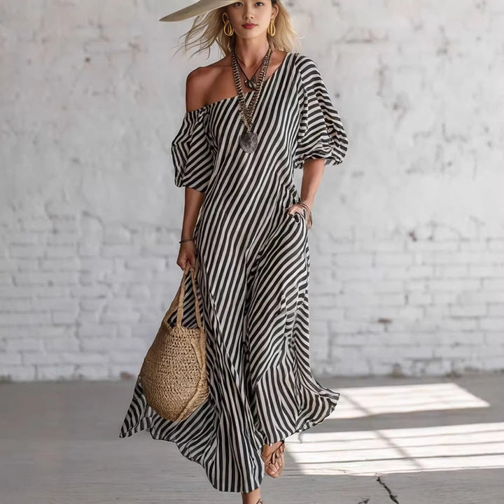 Damen Maxikleid mit asymmetrischem Schnitt und auffälligen Streifen Drune