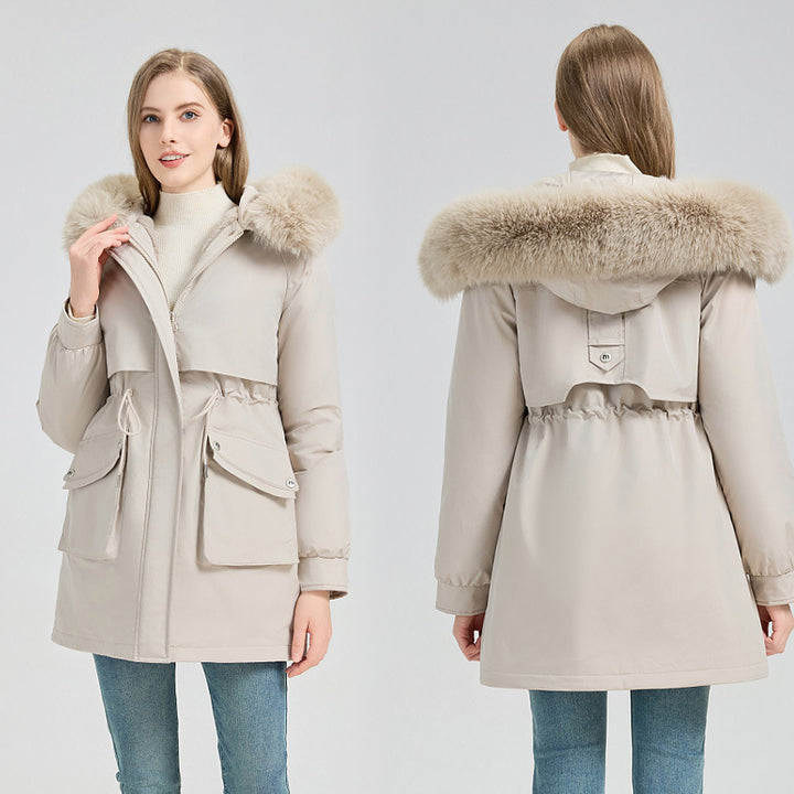 Damen Modische Pufferjacke mit abnehmbarem Kunstpelzkragen und funktionalen Taschen Drune