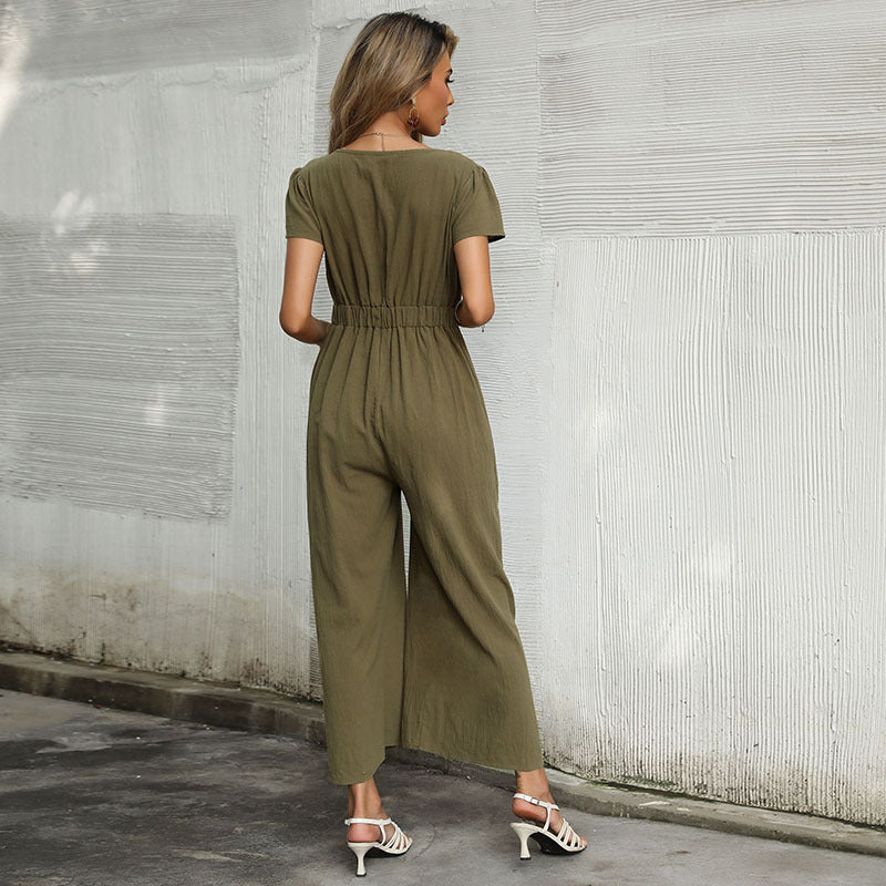 Damen eleganter Jumpsuit mit hochgeschlossenem Dekolleté und Knoten-Detail Drune