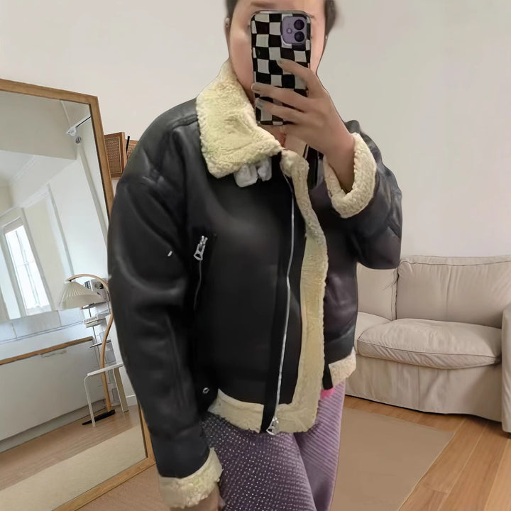 Damen robuste und stylische Lederjacke mit Innenfutter Drune