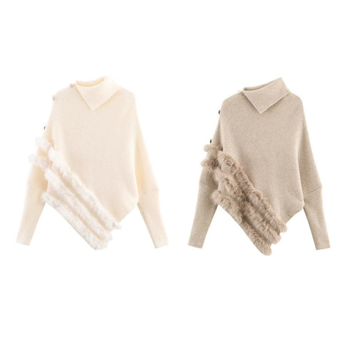Damen modischer Poncho mit luxuriösem Fellbesatz und innovativem Schnitt Drune