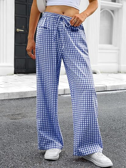Damen Weit geschnittene Karohose mit elastischem Bund und praktischen Taschen Drune
