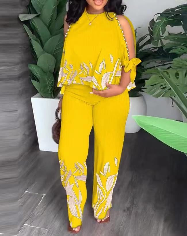 Damen Elegant gestaltetes Sommeroutfit mit floralem Design und Schulterfreiem Oberteil Drune