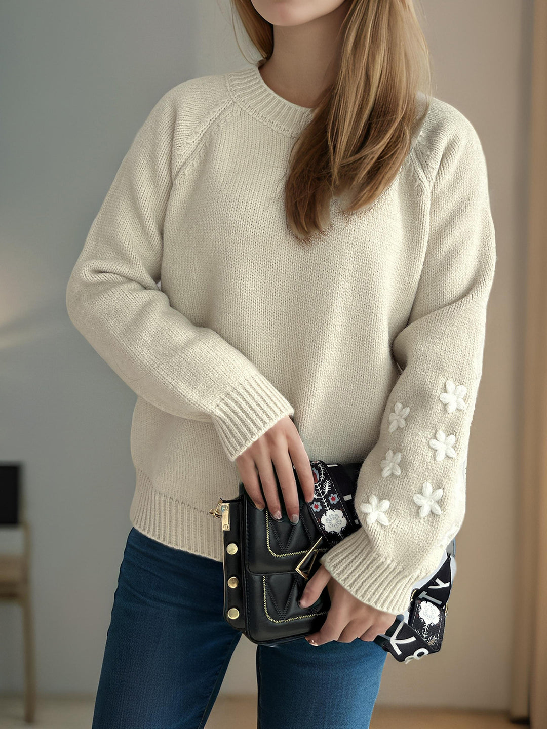 Damen Strickpullover mit floralen Applikationen und lässigem Schnitt Drune