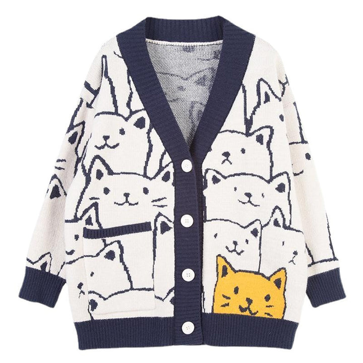 Damen Strickjacke mit Katzenmuster Drune