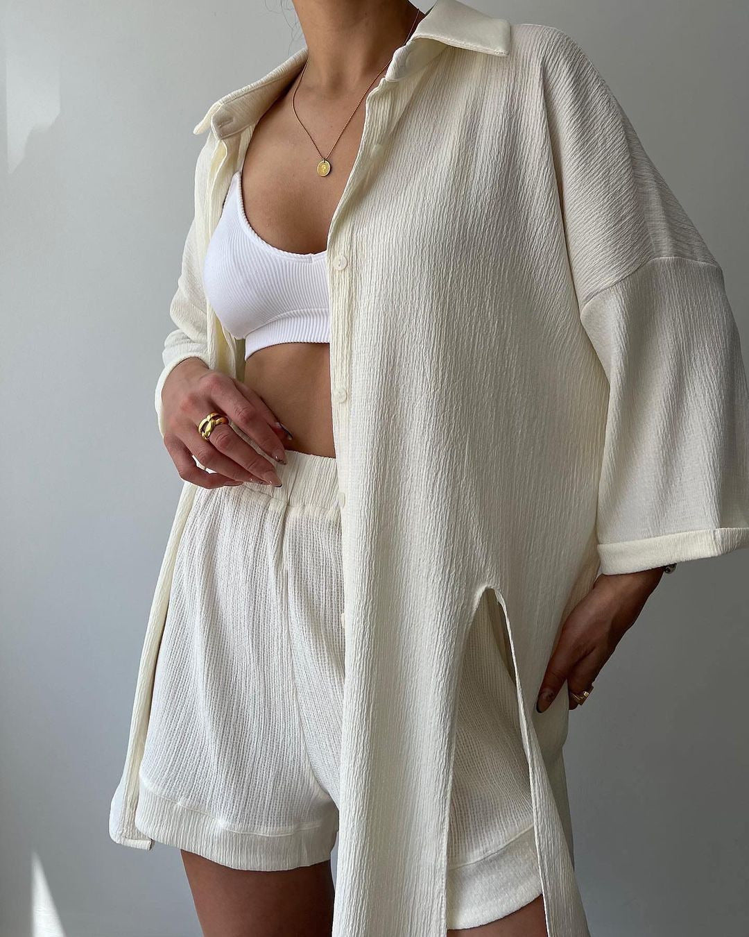 Damen lässiges Hemd und Shorts Set mit strukturiertem Stoff Drune