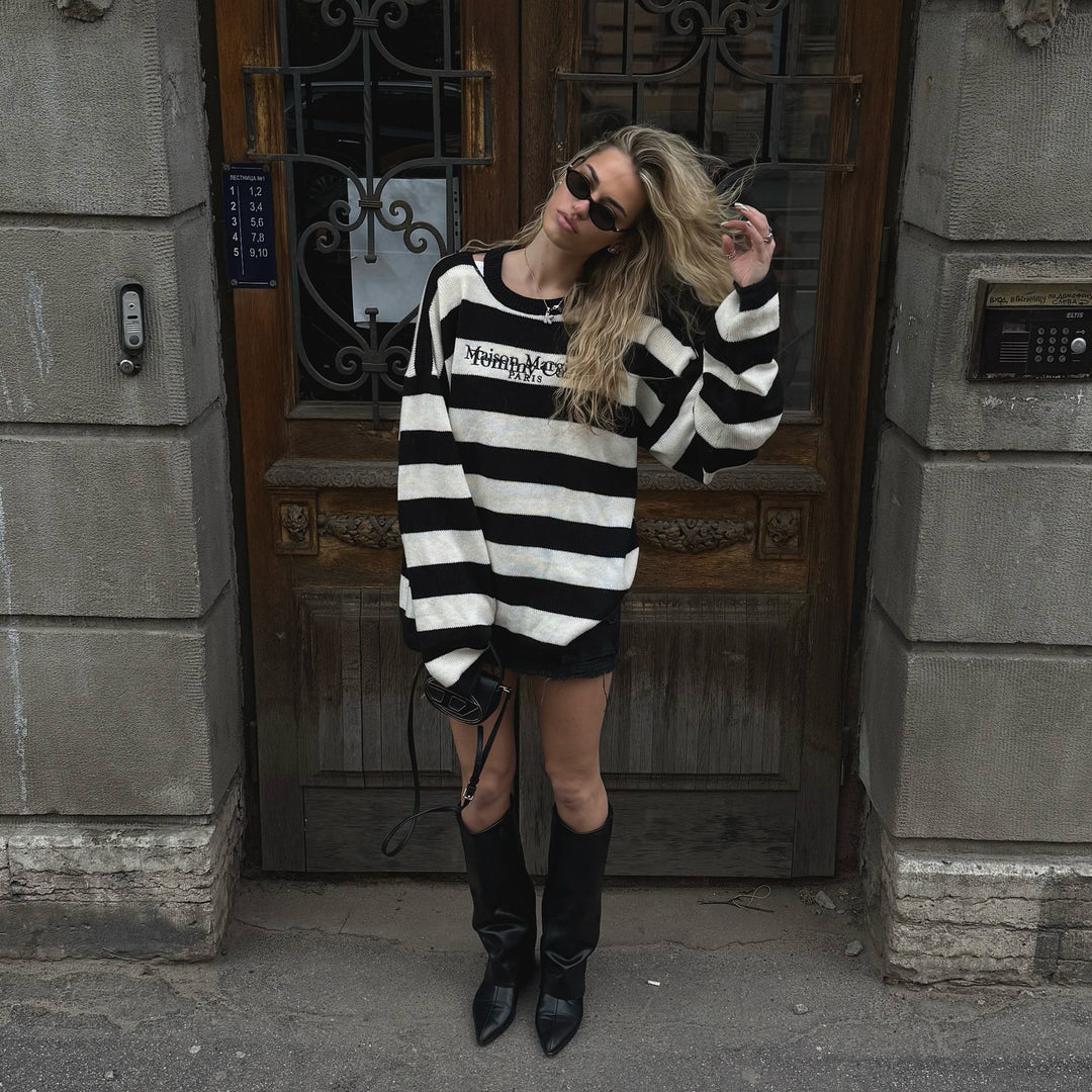 Damen Oversized Strickpullover mit modernen Streifenmustern und Logoapplikation Drune