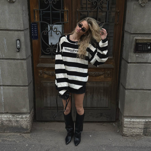 Damen Oversized Strickpullover mit modernen Streifenmustern und Logoapplikation Drune