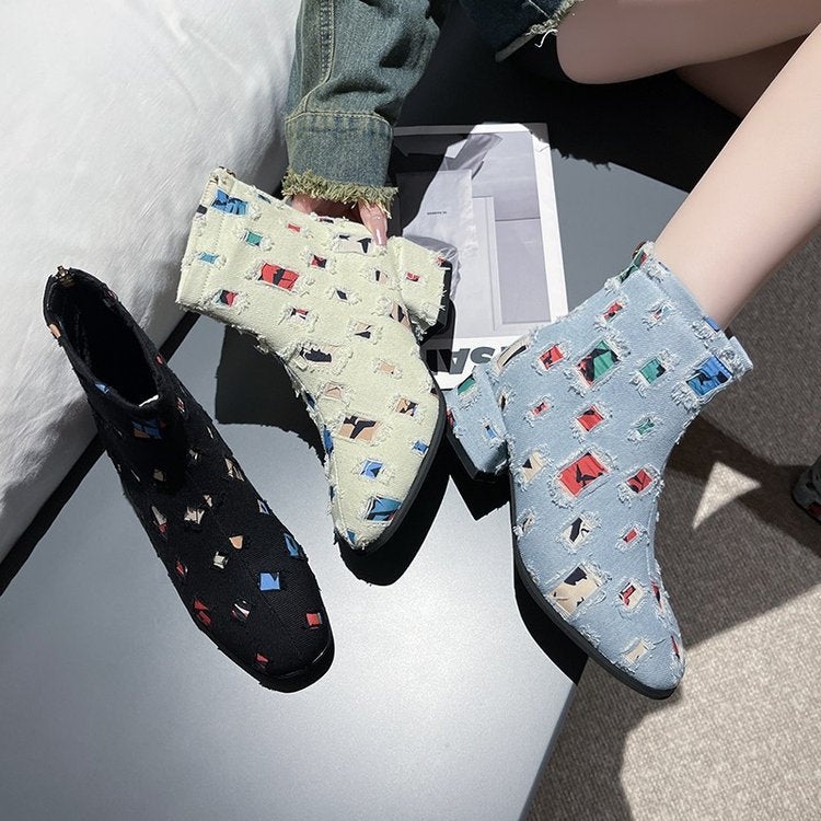 Damen Modische Ankle-Boots mit kreativem Geometrie-Druck und elegantem Reißverschluss Drune