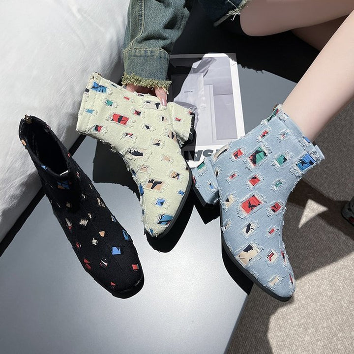 Damen Modische Ankle-Boots mit kreativem Geometrie-Druck und elegantem Reißverschluss Drune
