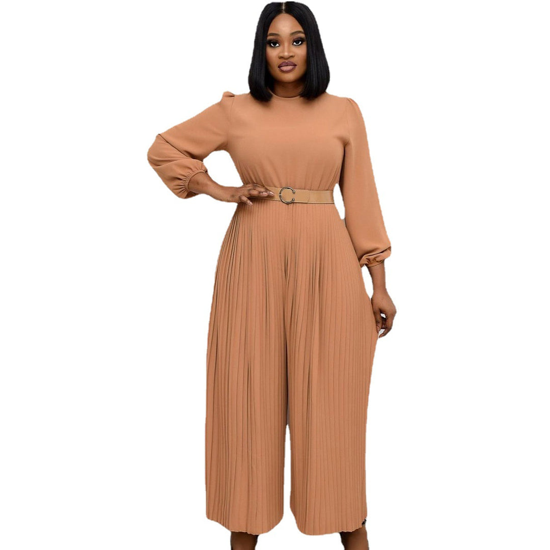 Damen Plissee Jumpsuit mit elegantem Gürtel und weit ausgestellten Ärmeln Drune