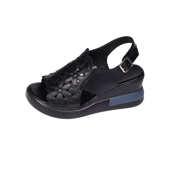Damen nan Keilsandale mit floraler Laserperforation gepolsterter anatomischer Innensohle und verstellbarem Fersenriemen Drune