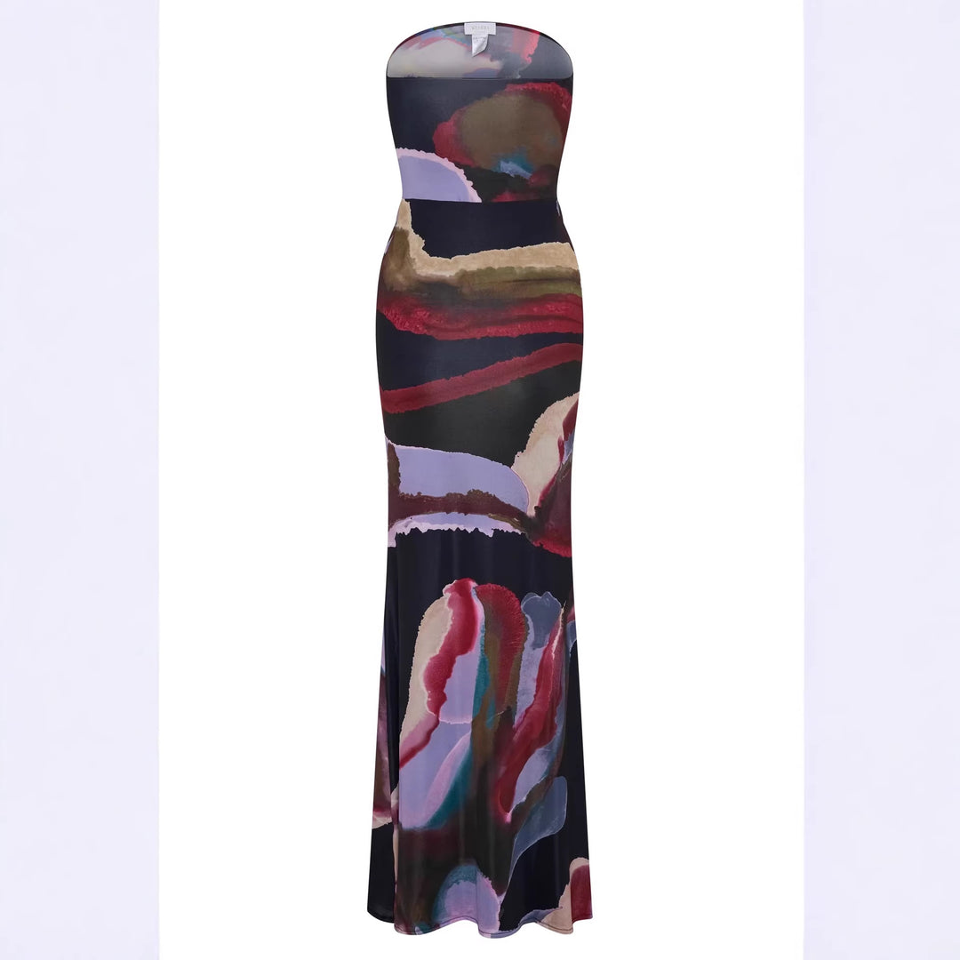 Damen Strapless Maxikleid mit fließendem Stoff und kunstvollem Druck Drune
