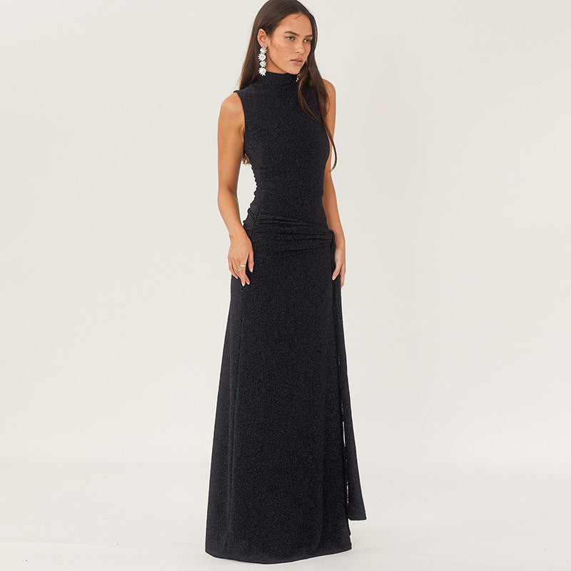 Damen Elegantes Maxikleid mit hochgeschlossenem Kragen und drapiertem Detail Drune