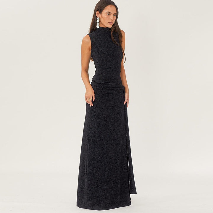Damen Elegantes Maxikleid mit hochgeschlossenem Kragen und drapiertem Detail Drune