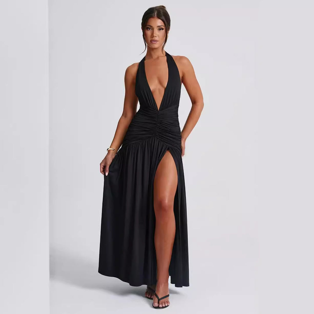 Damen Maxikleid mit tiefem V-Ausschnitt und Rüschen Drune