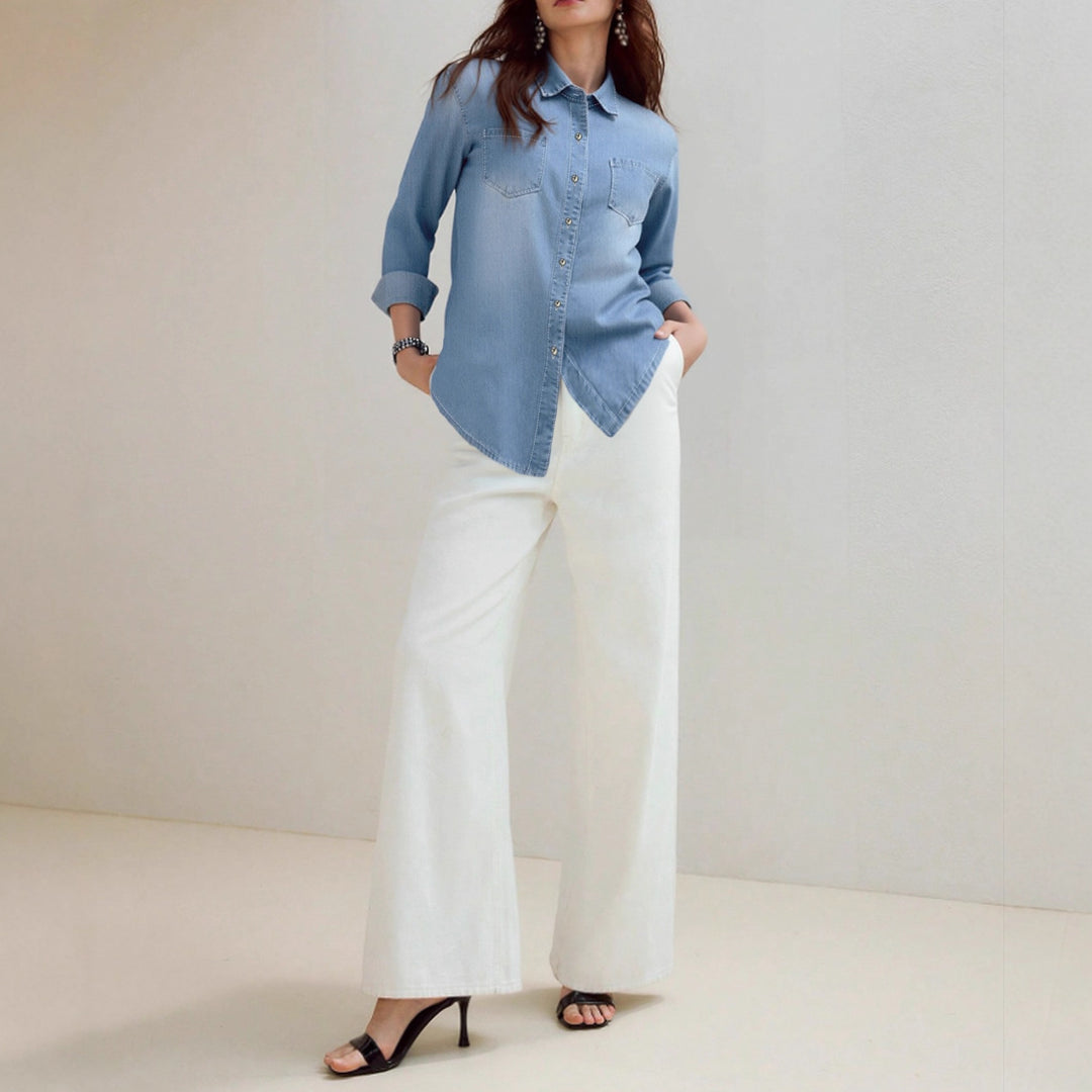 Damen Denim Hemd mit modernen Brusttaschen und elegante Knopfleiste Drune