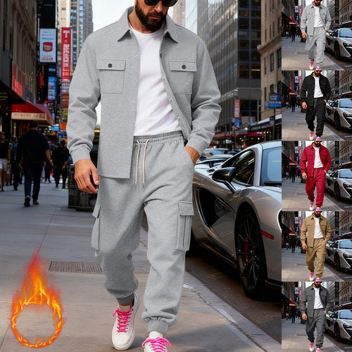 Herren nan lässiges Baumwoll-Misch Overshirt und Cargo-Jogger Set mit Kordelzug, Pattentaschen und elastischen Bündchen Drune