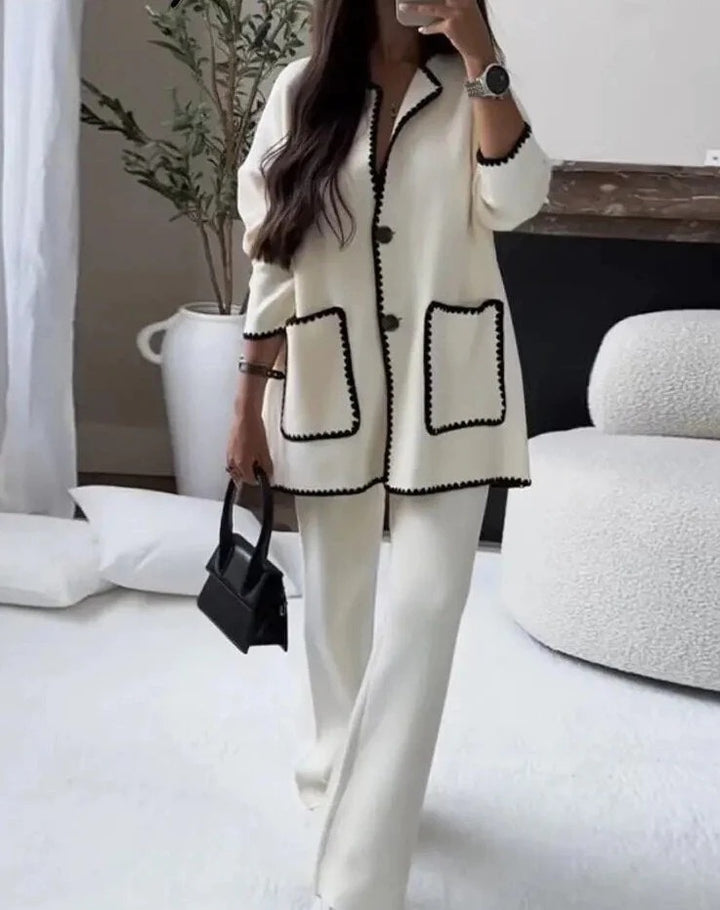 Damen elegantes Strickblazer-Set mit kontrastierenden Details Drune